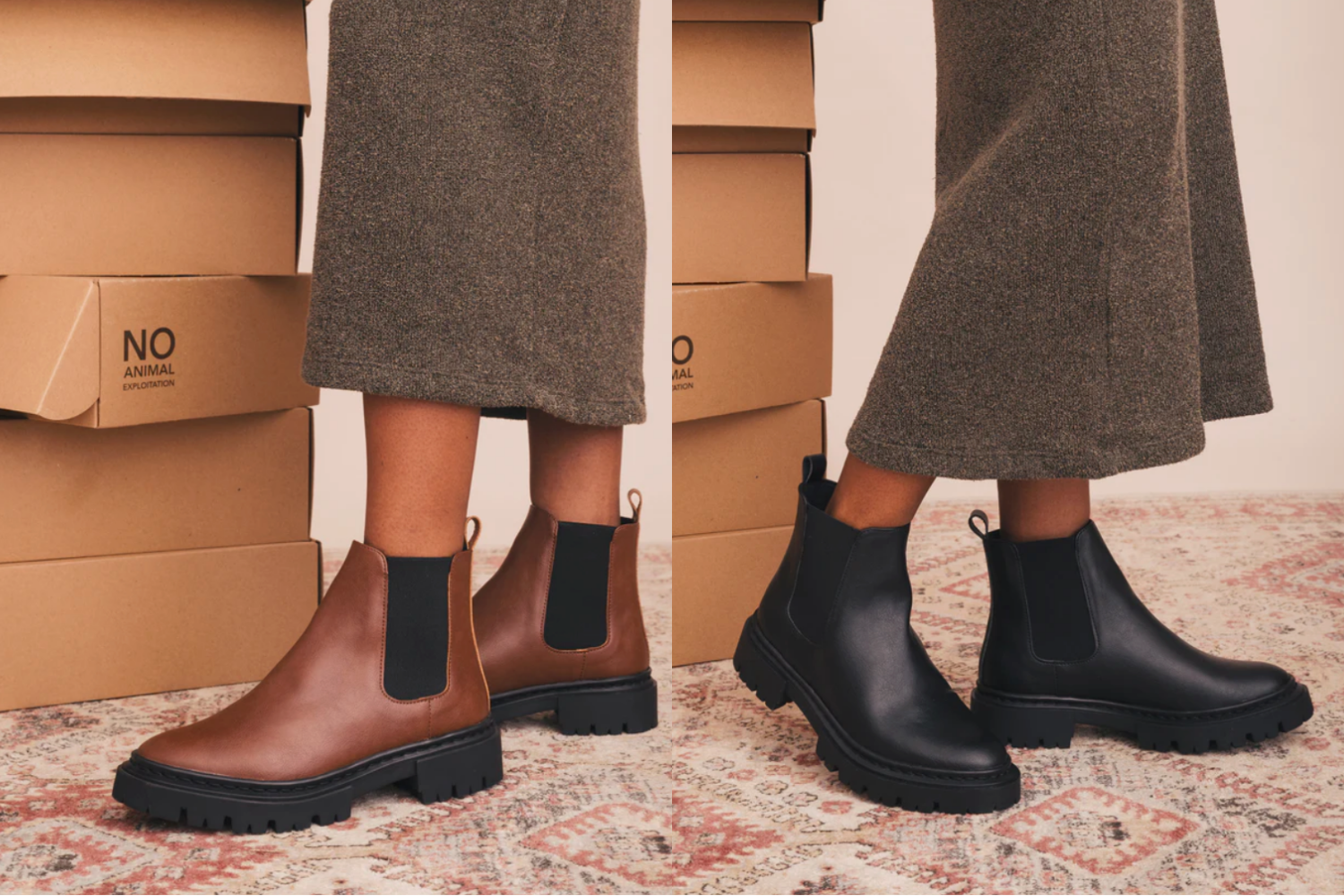 Side-by-side images of a model wearing NAE Vegan Chelsea boots in black and brown, standing next to stacked shoeboxes labeled &ldquo;No Animal Exploitation.&rdquo;