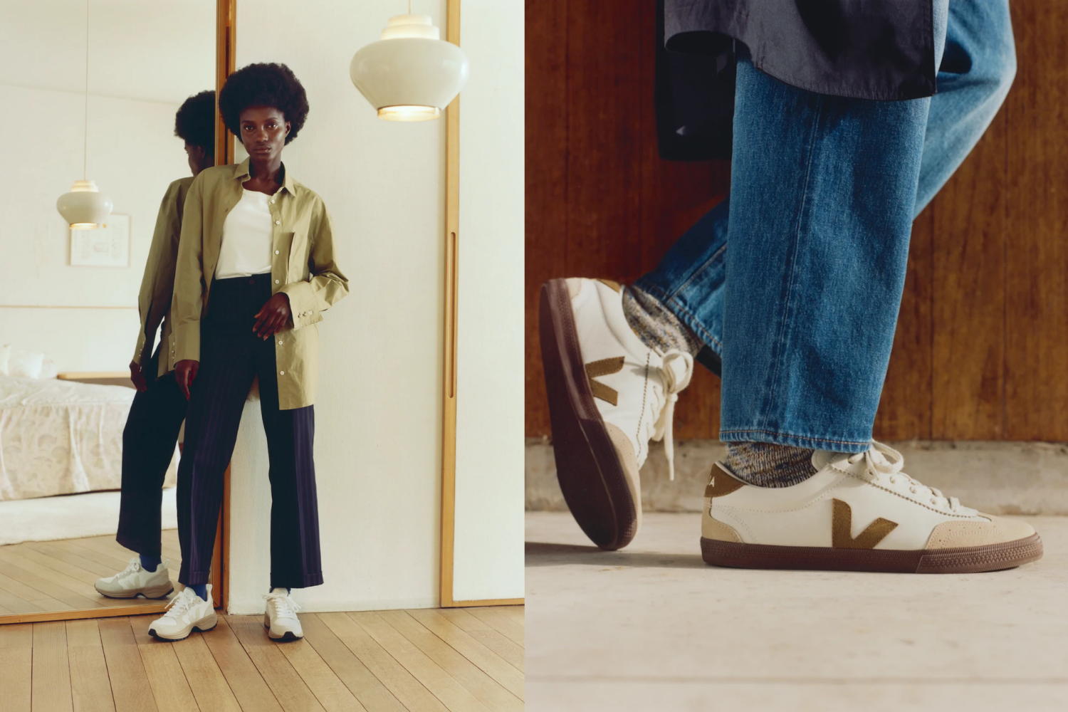Two styled shots of Veja sneakers worn with casual clothing indoors
