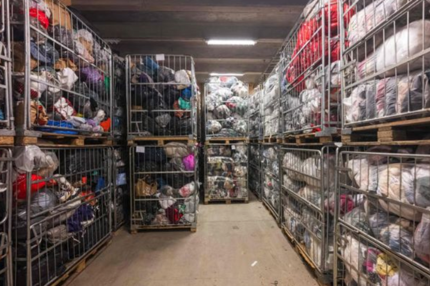 Warehouse interior with large metal cages filled with sorted second‑hand clothing and textiles ready for reuse or recycling.