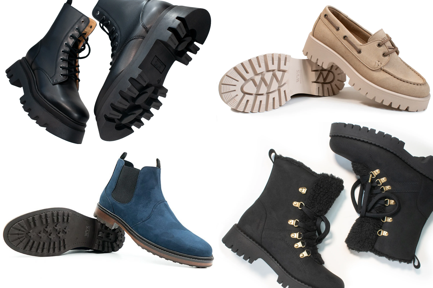 A collage of vegan winter shoes in various styles and colors, from combat boots to Chelsea boots