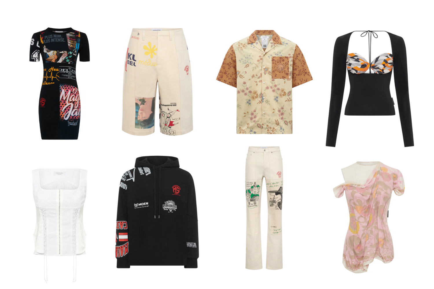 Selection of upcycled clothing items displayed on a white background, including dresses, trousers, tops, and hoodies made from reused fabrics.