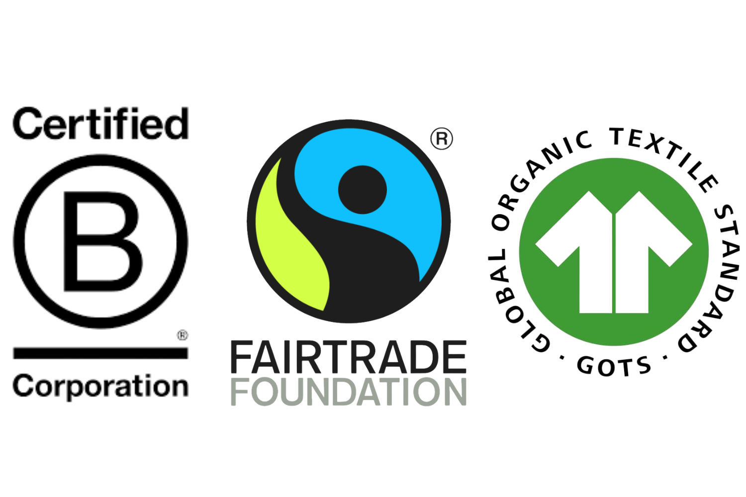 Logos of B Corporation, Fairtrade Foundation, and Global Organic Textile Standard (GOTS), representing third-party certifications for ethical and sustainable practices.