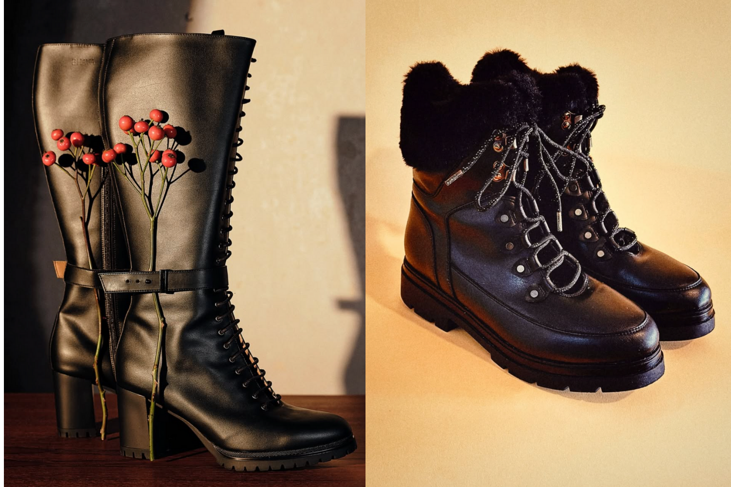 Two elegant black boots &mdash; one high-heeled knee boot with berries, one cozy lace-up