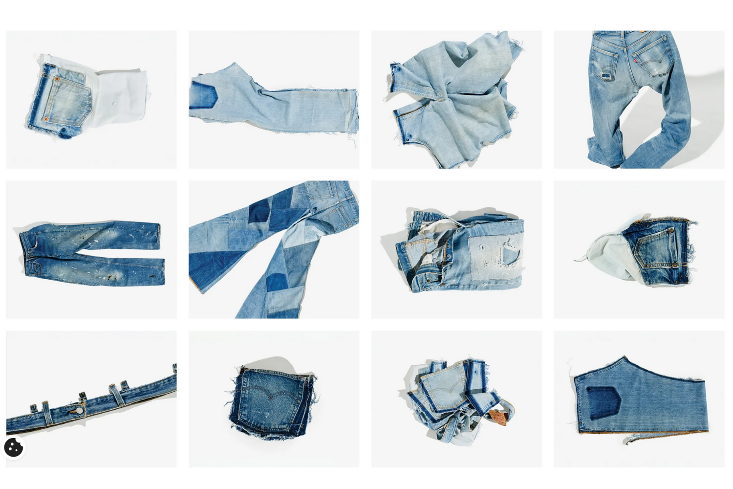 Grid showing stages of denim upcycling, from cut denim pieces to reconstructed jeans and fabric panels.