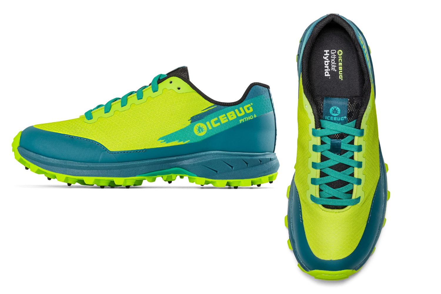 cebug trail running shoe in green and blue shown from side and top view, designed for off-road and winter conditions.