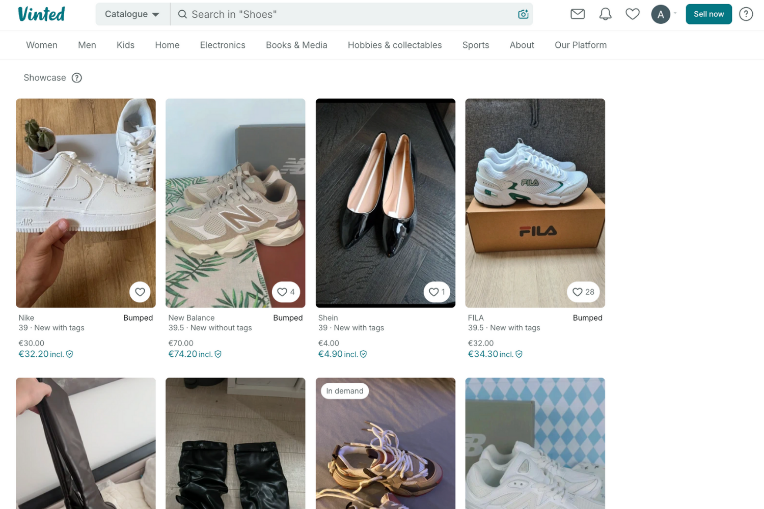 Screenshot from Vinted showing various secondhand sneakers and shoes listed for sale