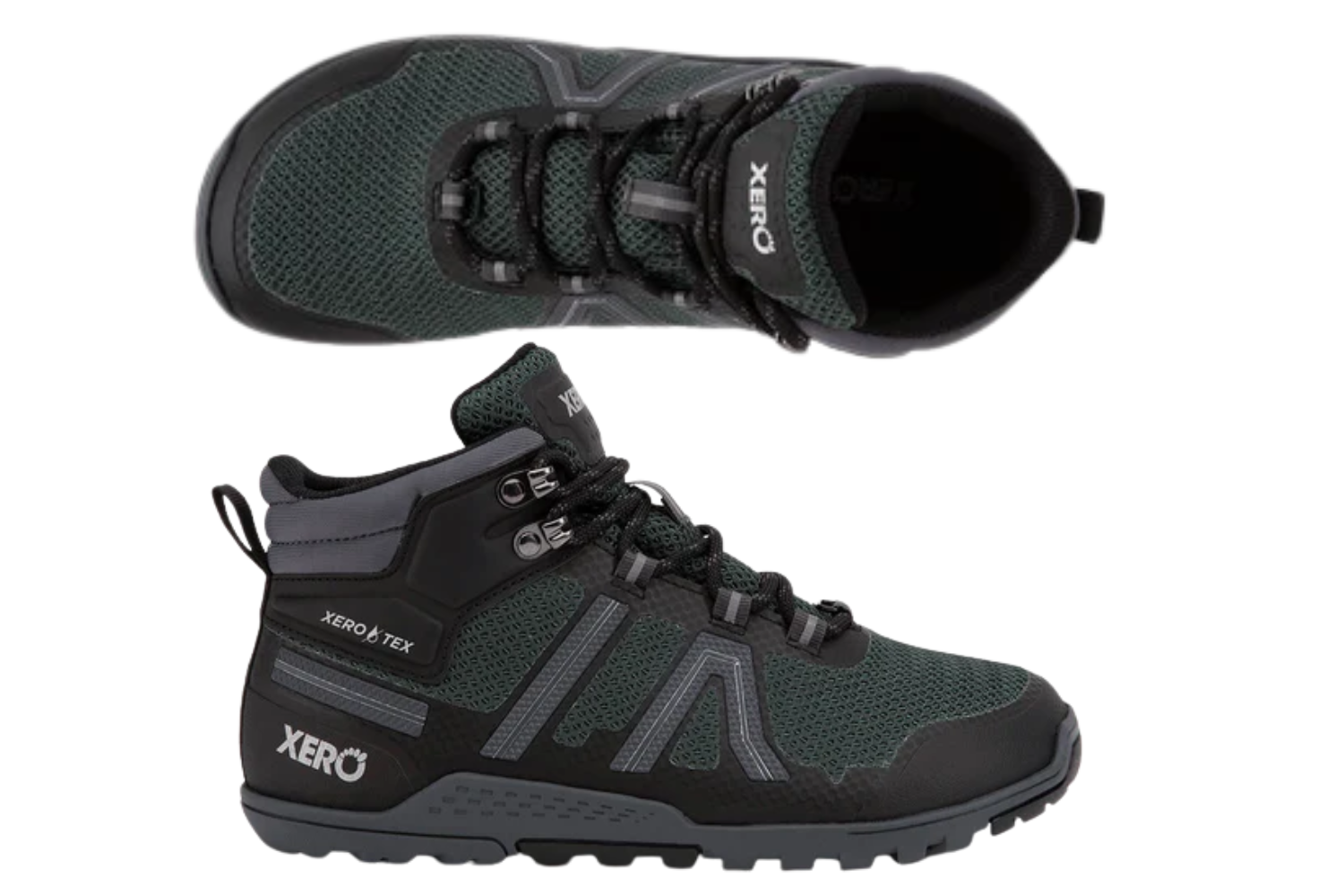 Xero minimalist hiking boot in dark green and black, shown from top and side view with lightweight construction.