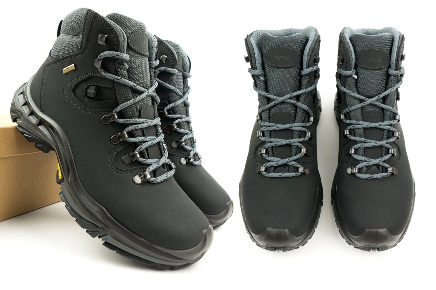 Black waterproof hiking boots with padded ankle support and rugged outsole, shown from angled and front views.