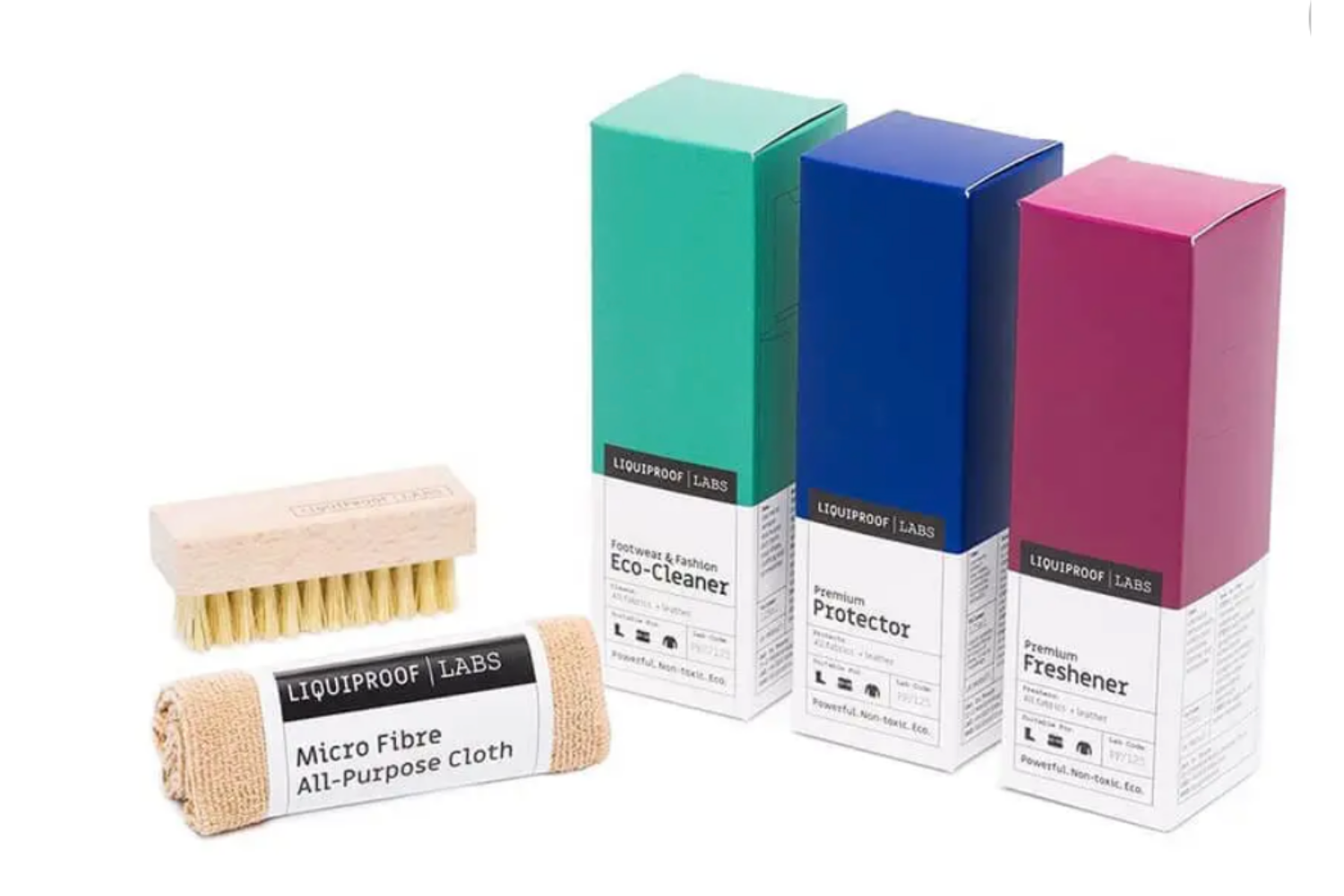 Liquiproof Labs eco-friendly sneaker care kit including a wooden brush, microfiber cloth, and bottles of cleaner, protector, and freshener.