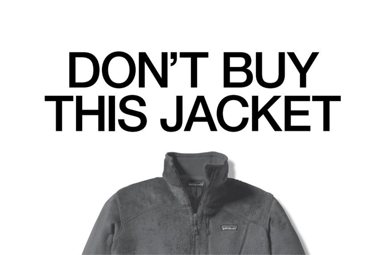 Image of a grey fleece jacket with bold text reading &ldquo;Don&rsquo;t buy this jacket.&rdquo;