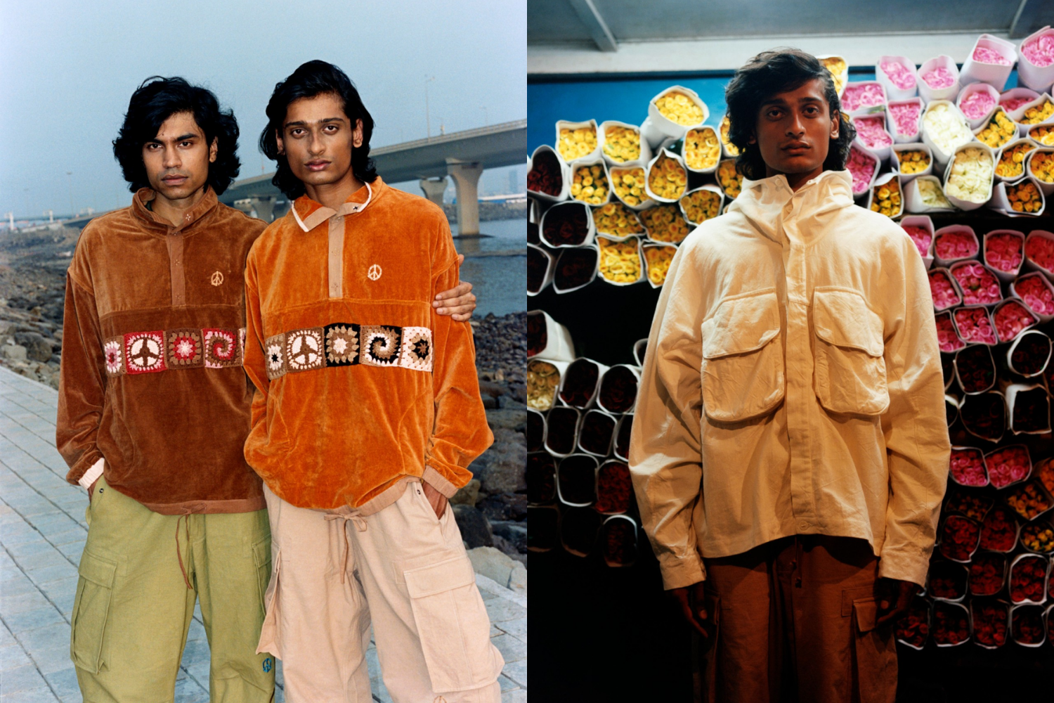 Models wearing upcycled clothing made from repurposed textiles, photographed in outdoor and studio settings.