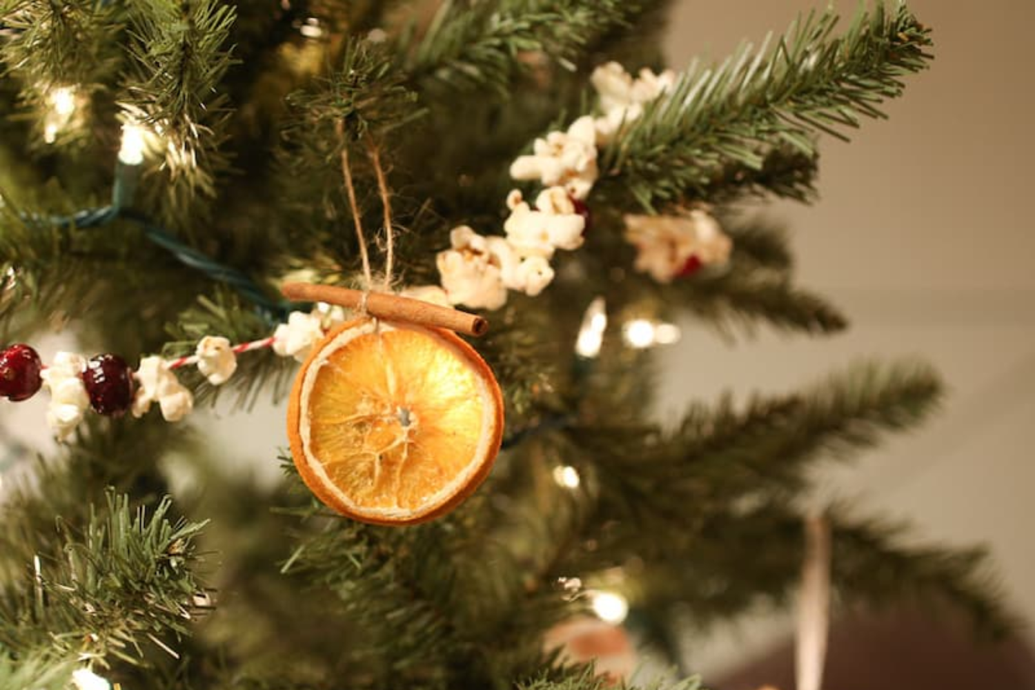 Dried orange slice ornament tied with string and cinnamon hanging on a Christmas tree.
