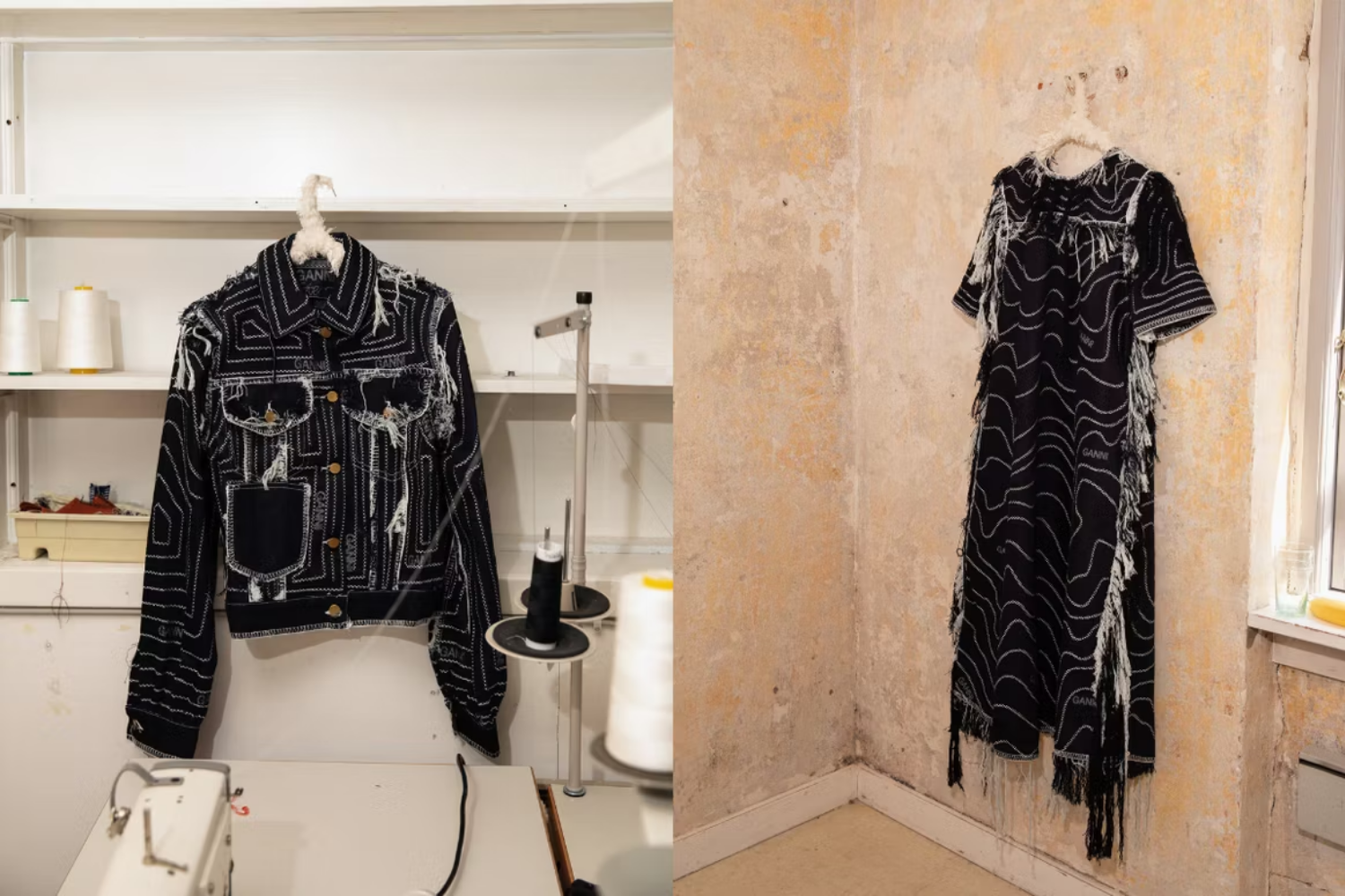 Upcycled jacket and dress hanging in a fashion studio, showing visible stitching, raw edges, and reconstructed fabric panels.