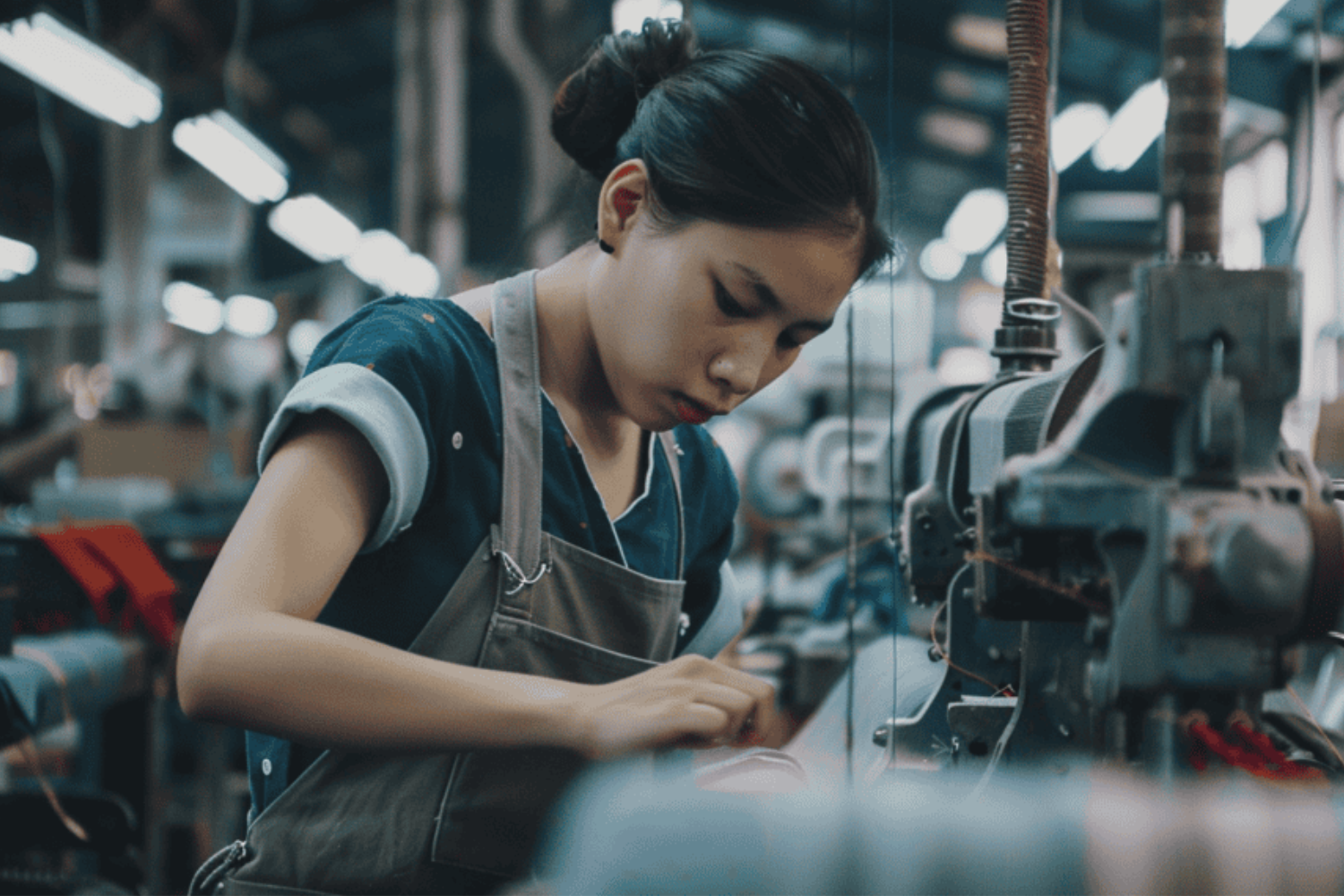 A woman in a factory setting focusing intently as she sews fabric using industrial machinery, representing ethical labor in footwear production.
