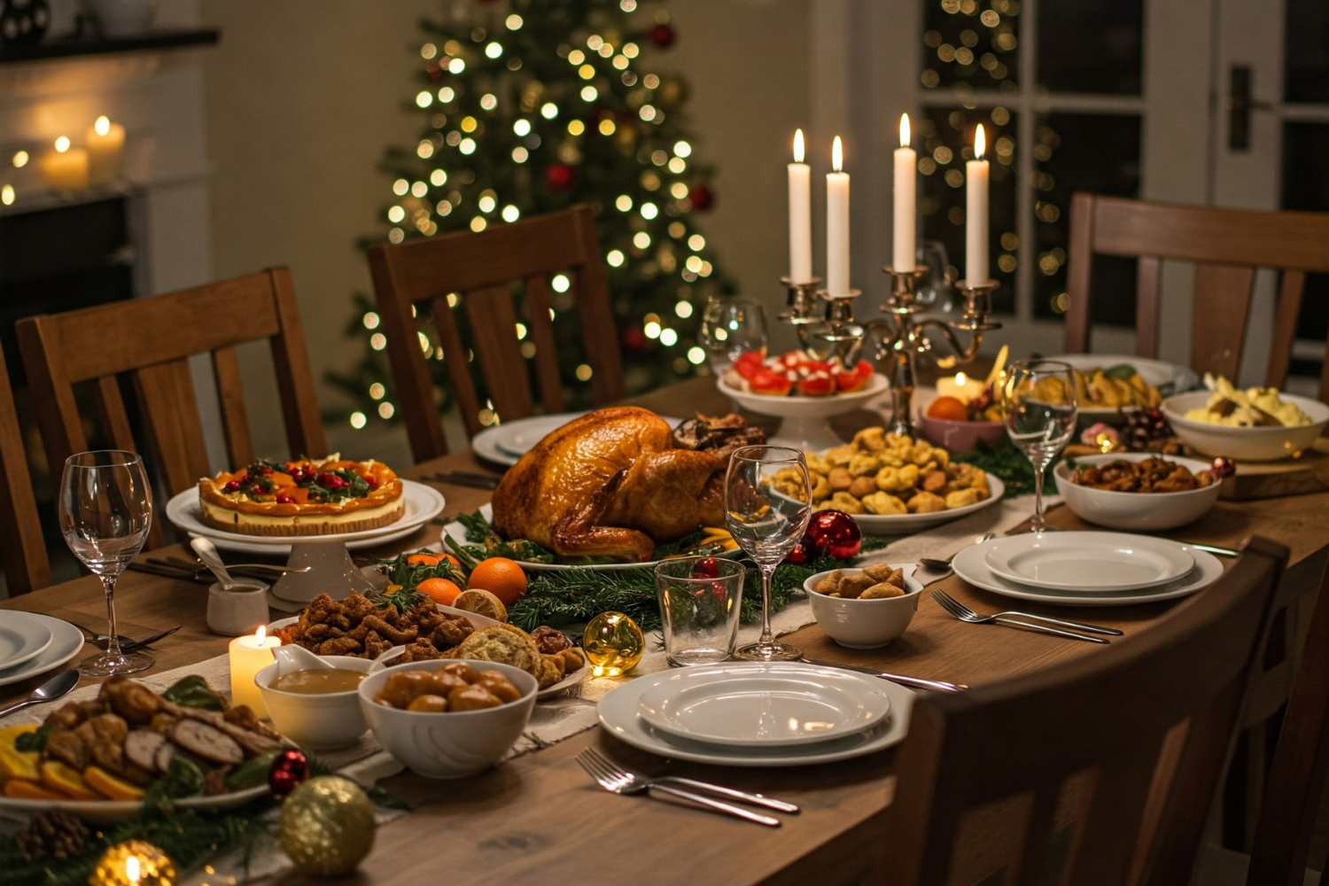 Festive Christmas dinner table with a roast turkey, side dishes, candles, and a decorated Christmas tree in the background.