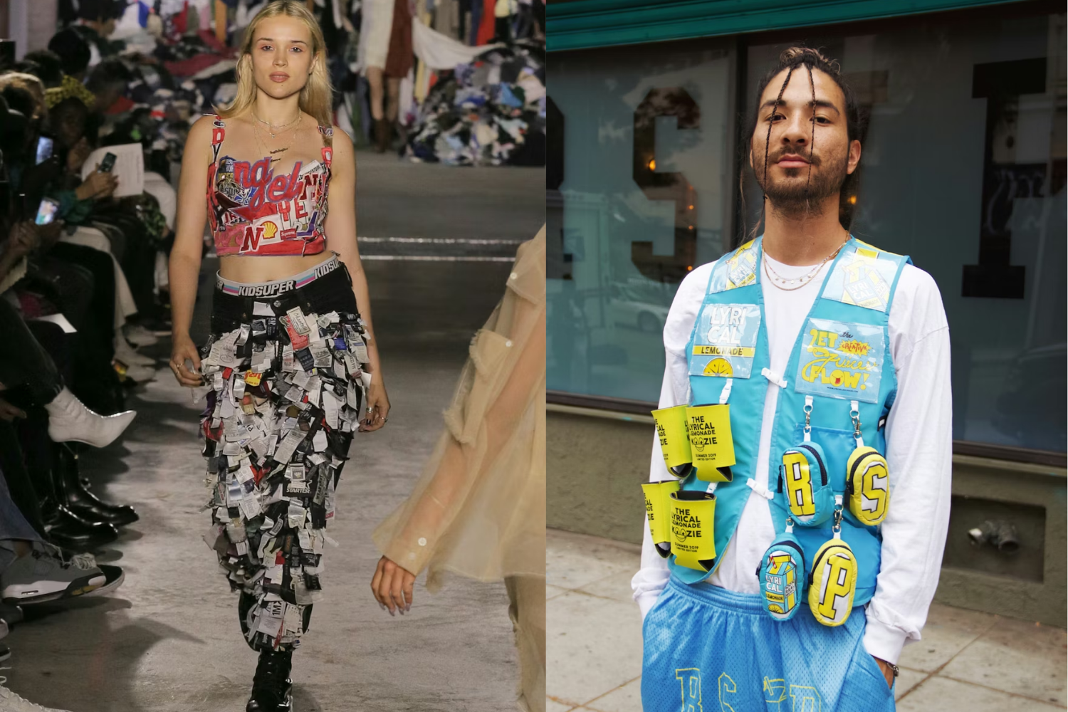 Two fashion looks featuring garments made from reused materials, including patchwork textiles and repurposed packaging elements.