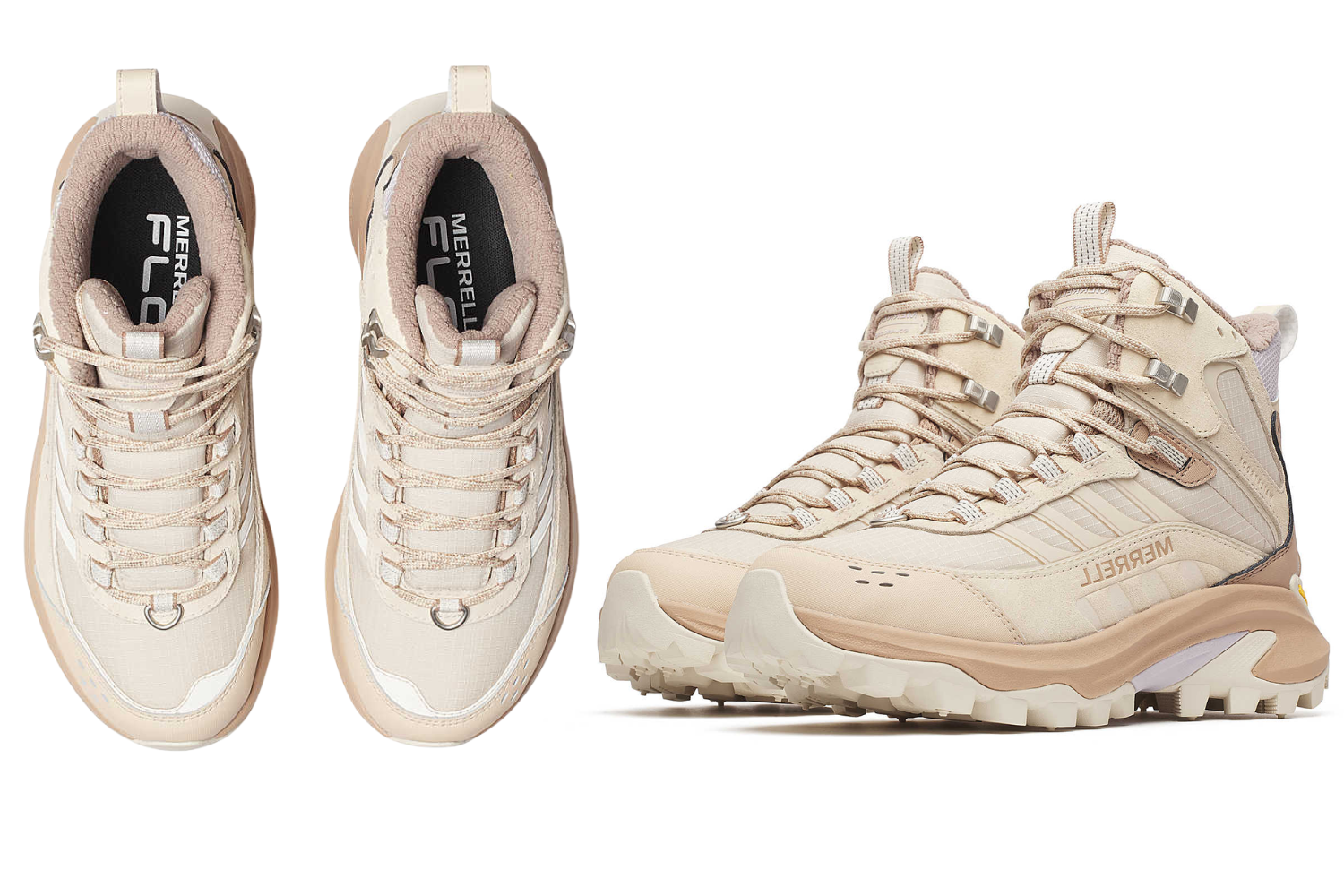 Beige Merrell hiking boots shown from top and side views, featuring a chunky sole and mid-height ankle support.